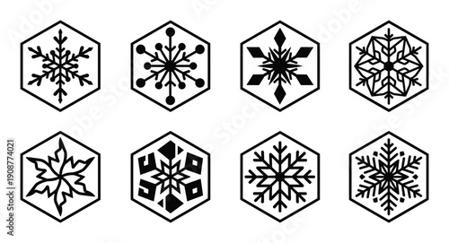 Geometric snowflake crystal icons set inside hexagon frames for winter season holiday design themes