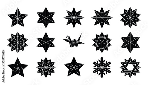 Geometric star and origami crane icon set with snowflake and hexagram symbols on transparent background