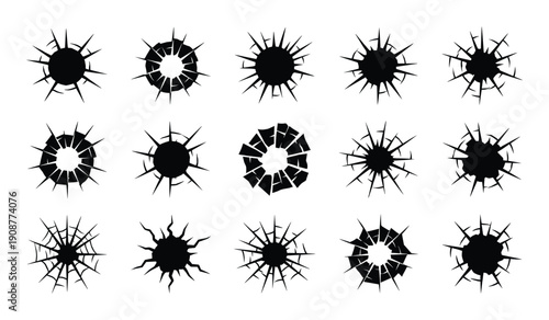 Glass break and bullet hole icons on transparent background shattered surface cracked impact set art