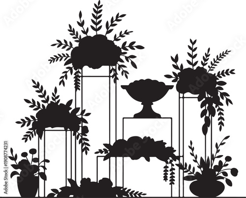 Arrangement of floral decorations and vases on stands, elegant event display