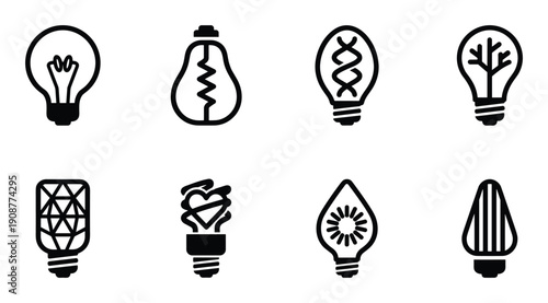 Innovative light bulb icon set with creative filament designs including dna heart and tree shapes