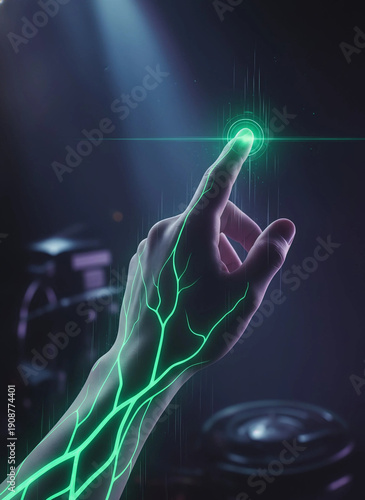 Tapety artystyczne Human hand with glowing green biofeedback lines touching a digital interface