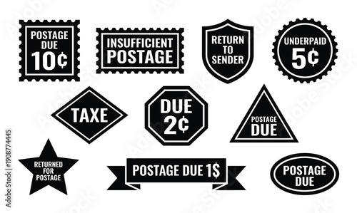 Postage due stamps vector set of various shapes and values for collecting and decorating