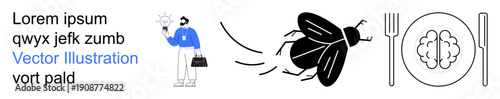 Food safety, pest control, health awareness, psychological concepts, business stress, brain food. A fly in motion, a man in a suit and a brain on a plate with cutlery. Food safety and pest control