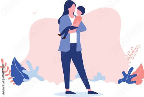 Mother with child - Woman standing holding kid in arms. Colourful flat design vector illustration with white background and copy space for text