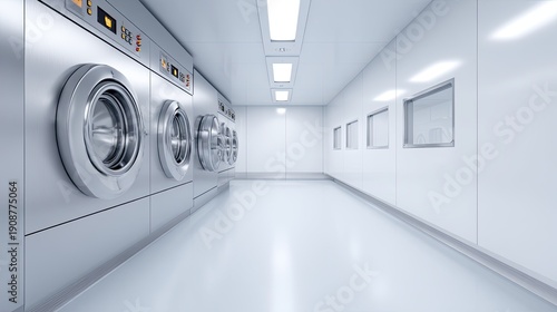 Modern and Clean Laundry Room with Industrial Washing Machines and Bright White Interior, Perfect for Commercial and Residential Use in Minimalist Design