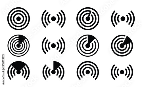 Set of radar wi fi and wireless connection signal wave icons isolated on transparent background