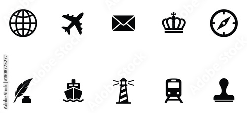 Set of travel and tourism related icons globe airplane mail crown compass etc silhouette