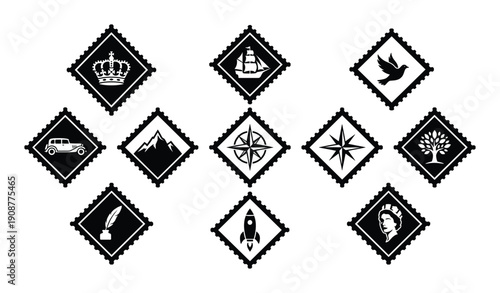 Set of vintage postage stamps with themes crown ship bird car compass rocket etc