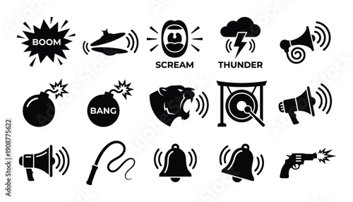Sound effects vector design set with boom scream thunder and bomb isolated on transparent background