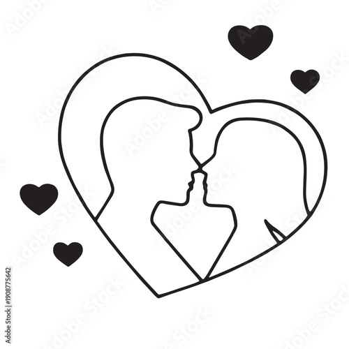 Silhouette couple coloring, heart outline, romantic love, simple black and white design