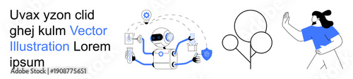 Technology, AI, communication, interaction, celebration, minimalism. Futuristic robot with icons, person waving abstract balloon elements. Technology and AI concept with communication focus