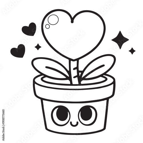 Heart shaped plant coloring page with cute face, simple pot, and playful decorative elements