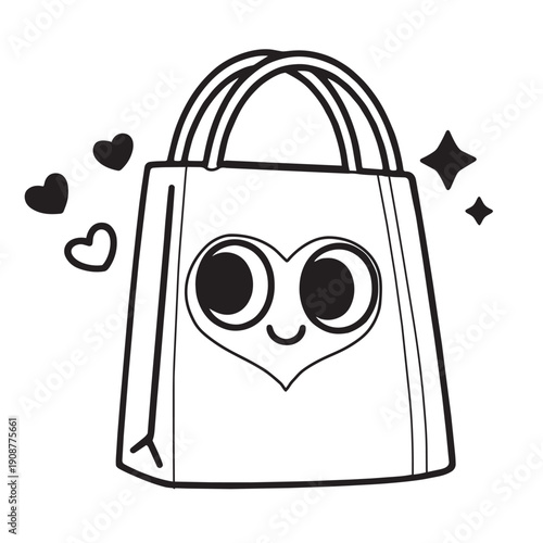 Coloring page of cute shopping bag with heart and smiling face, simple line art style