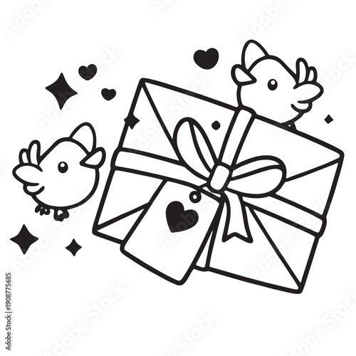 Gift coloring page with birds, ribbon, heart tag and sparkles, perfect for joyful creative