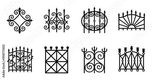Wrought iron fence and gate decorative elements set with vintage swirls and classic floral patterns