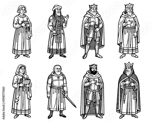 vector engraving illustration of a set of medieval people