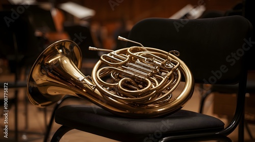 French Horn Resting on Orchestra Chair in Warm Concert Hall Light – Classical Brass Instrument Awaiting Symphony Performance