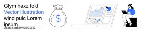 Financial planning, business growth, data analytics, online economy, virtual investment, technology use. Money bag, laptop screen with charts individual using technology. Financial planning and data