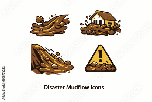 Disaster Mudflow Icons Cartoonish Depiction of Mudslides and Warning Signs.