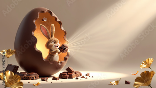  a cute, fluffy rabbit with large ears emerging from a broken chocolate egg. The rabbit is holding a piece of chocolate and smiling.