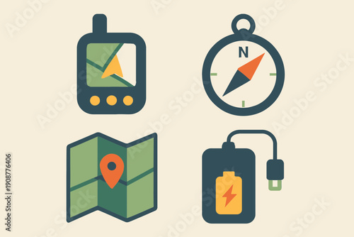 Navigation Tools GPS Compass Map and Power Bank Icons.