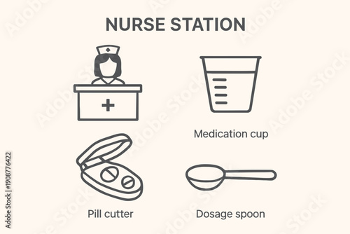 Nurse Station Icons Medication Cup Pill Cutter Dosage Spoon and Nurse.