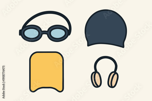 Swimming Gear Set Goggles Cap Kickboard and Waterproof Headphones.