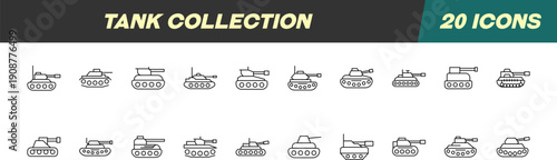 Collection of Icons of Tank for Shops and Stores. Suitable for books, stores, shops. Editable stroke in minimalistic outline style. Symbol for design