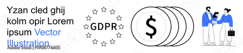 Data privacy, financial security, GDPR compliance, business teamwork, digital economy, financial management. GDPR symbol, dollar icons team of two collaborating. Data privacy and financial security