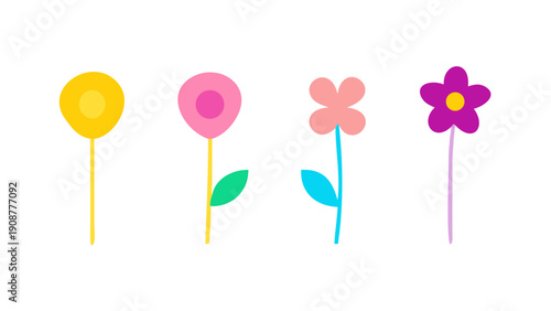 Colorful Neon Line Art Flower Doodles Collection on White Background: Daisies, Roses, and Tulips Set