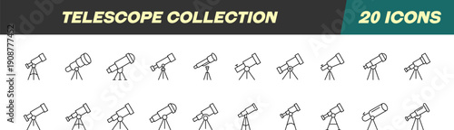 Collection of icons of Telescope for Advertisement. Suitable for books, stores, shops. Editable stroke in minimalistic outline style. Symbol for design