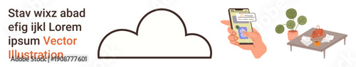 Cloud computing, data storage, digital security, smartphone messaging, office decor, remote work. A cloud icon, a smartphone displaying a message and a workspace scene. Cloud computing and digital