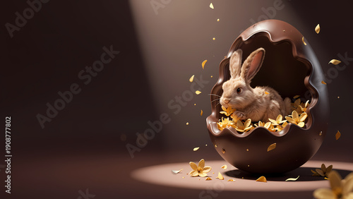 a small, fluffy rabbit with light brown fur, sitting inside a broken chocolate egg on a dark surface. The egg is filled with yellow flower petals.