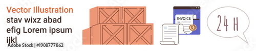 Shipping logistics, e-commerce management, supply chain efficiency, online orders, delivery solutions, time management. Stacked boxes, invoice document and 24-hour speech bubble. Logistics