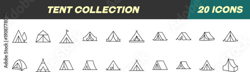 Collection of Line Icons of Tent. Suitable for books, stores, shops. Editable stroke in minimalistic outline style. Symbol for design