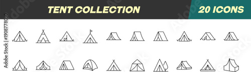 Collection of Line Icons of Tent for Adverts. Suitable for books, stores, shops. Editable stroke in minimalistic outline style. Symbol for design