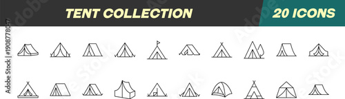 Collection of Line Signs of Tent. Suitable for books, stores, shops. Editable stroke in minimalistic outline style. Symbol for design