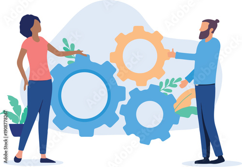  Problem solving - Two businesspeople with cogwheels and gears machinery working and finding solution to business project. Colleague efficiency concept in flat design vector illustration