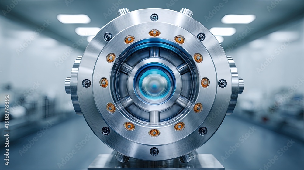 Fototapeta premium Close-Up of Industrial Machine Component with Precision Engineering and Advanced Technology in a Modern, Well-Lit Laboratory Environment