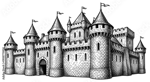 A detailed black and white hand-drawn illustration of a medieval fantasy castle with multiple towers and flags.