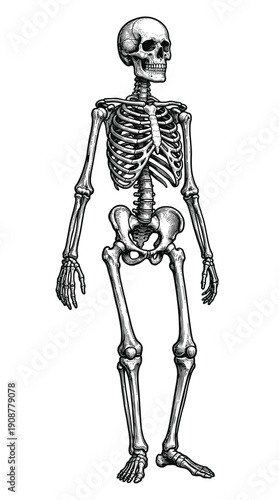 Anatomical illustration of a human skeleton, showing the skeletal structure in detail.