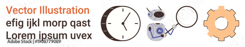 Time management, artificial intelligence, data analysis, technology optimization, research, automation. Clock, AI bot magnifying glass gear. Time management and artificial intelligence concept