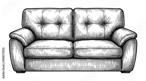 Detailed drawing of a white couch with tufted cushions and armrests.