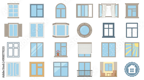 Collection of window illustrations in various styles and shapes.