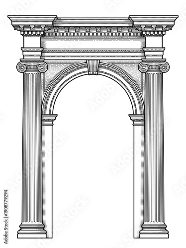 Architectural illustration of a classical archway with fluted columns, ornate capitals, and decorative details.
