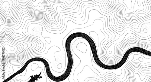 Winding wavy road with walking figure in minimalist black line drawing