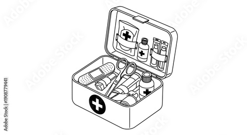 Minimalist black and white line drawing of an open first aid kit with medical supplies