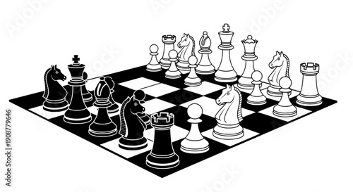 Black and white chess board with pieces arranged in sting positions