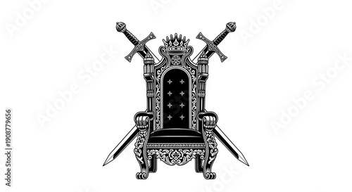 ornate metal throne with crown and crossed swords black white